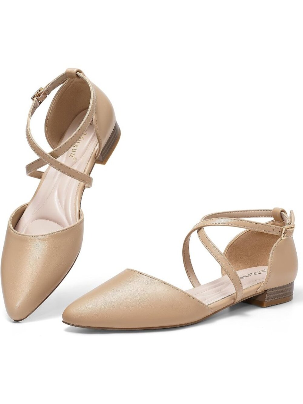 🆕Women's Nude Pointed Toe Low Heel Flats Crisscross Ankle Strap Dress Shoes